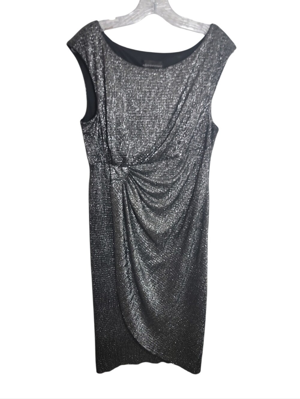 Connected Apparel black silver sleeveless ruched twisted dront dress size 12